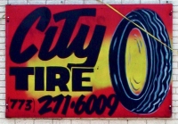 Sign with tire, City Tire, Lincoln Avenue at Carmen, Chicago.-Roadside Art Sign with tire, City Tire, Lincoln Avenue at Carmen, Chicago.-Roadside Art