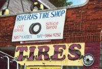 Painted tires and signs, Rivera's Tire Shop, Kedzie Avenue at Byron, Chicago-Roadside Art Painted tires and signs, Rivera's Tire Shop, Kedzie Avenue at Byron, Chicago-Roadside Art