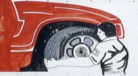 Sign detail of mechanics working on a tire. Elmo's Tire Shop, Montrose at Avers, Chicago-Roadside Art