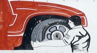 Sign detail of mechanics working on a tire. Elmo's Tire Shop, Montrose at Avers, Chicago-Roadside Art Sign detail of mechanics working on a tire. Elmo's Tire Shop, Montrose at Avers, Chicago-Roadside Art