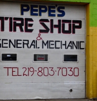 Painted garage door, Pepe's Tire Shop and General Mechanic, Calumet Avenue, Hammond-Roadside Art Painted garage door, Pepe's Tire Shop and General Mechanic, Calumet Avenue, Hammond-Roadside Art