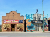Adame Tire Shop facade and painted facade of Vista Hermosa restaurant, Ashland Avenue near 43rd Street-Roadside Art