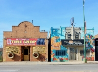 Adame Tire Shop facade and painted facade of Vista Hermosa restaurant, Ashland Avenue near 43rd Street-Roadside Art Adame Tire Shop facade and painted facade of Vista Hermosa restaurant, Ashland Avenue near 43rd Street-Roadside Art