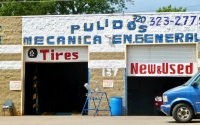 Entrance doors and painted facade, Pulidos Mecanica, Federal Blvd., Denver, Colorado-Roadside Art