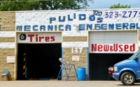 Entrance doors and painted facade, Pulidos Mecanica, Federal Blvd., Denver, Colorado-Roadside Art Entrance doors and painted facade, Pulidos Mecanica, Federal Blvd., Denver, Colorado-Roadside Art