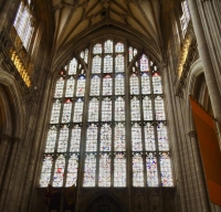 Winchester Cathedral. The window was reassembled in the 17th century from fragments of medieval windows smashed in the Civil War