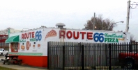 Building and two sides of signage, Route 66 Pizza, Indianapolis Ave, Chicago