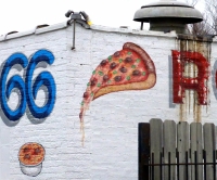 Painted corner of building, Route 66 Pizza, Indianapolis Ave, Chicago