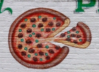 Painting of pizza, Route 66 Pizza, Indianapolis Ave, Chicago