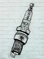 Spark plug painting on wall. Ozco Auto Service, Lawrence Avenue near California-Roadside Art