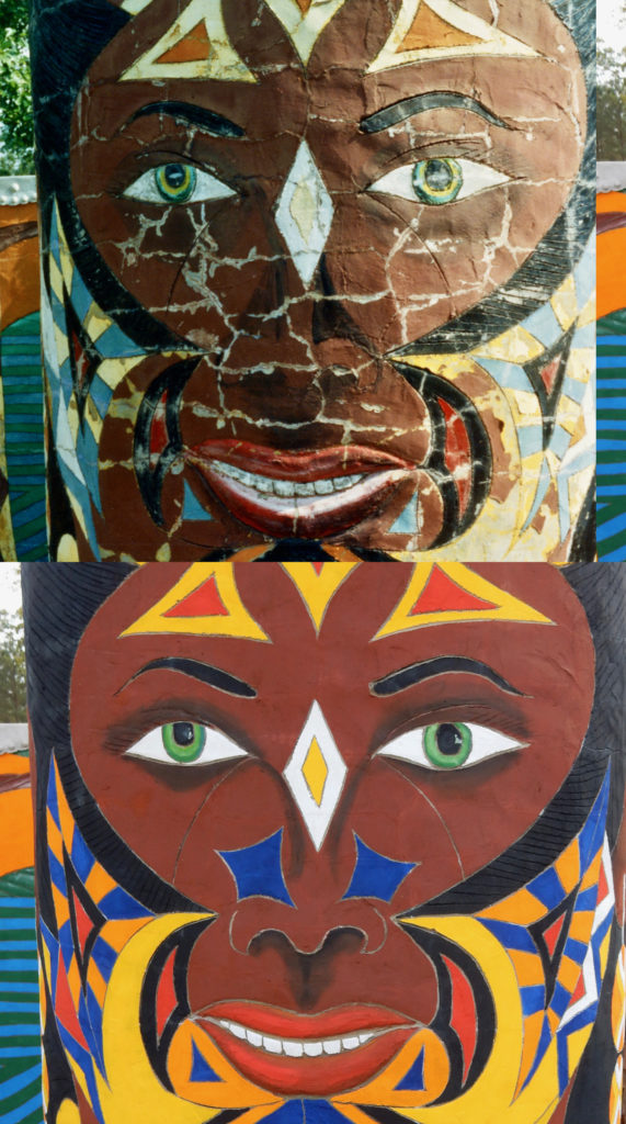 Front gatepost detail, St. Eom's Pasaquan, circa 1990 and 2016