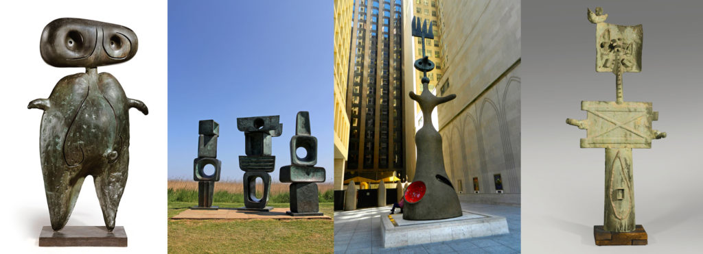 Joan Miró, Personnage, 1970; Barbara Hepworth, Family of Man, 1970, photo by Leo Reynolds, Flickr; Miró's Chicago, Joan Miró, 1981; Joan Miró, Femme et Oiseau, 1971