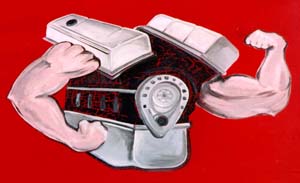 Painting of engine with arms from Western Avenue Art Gallery