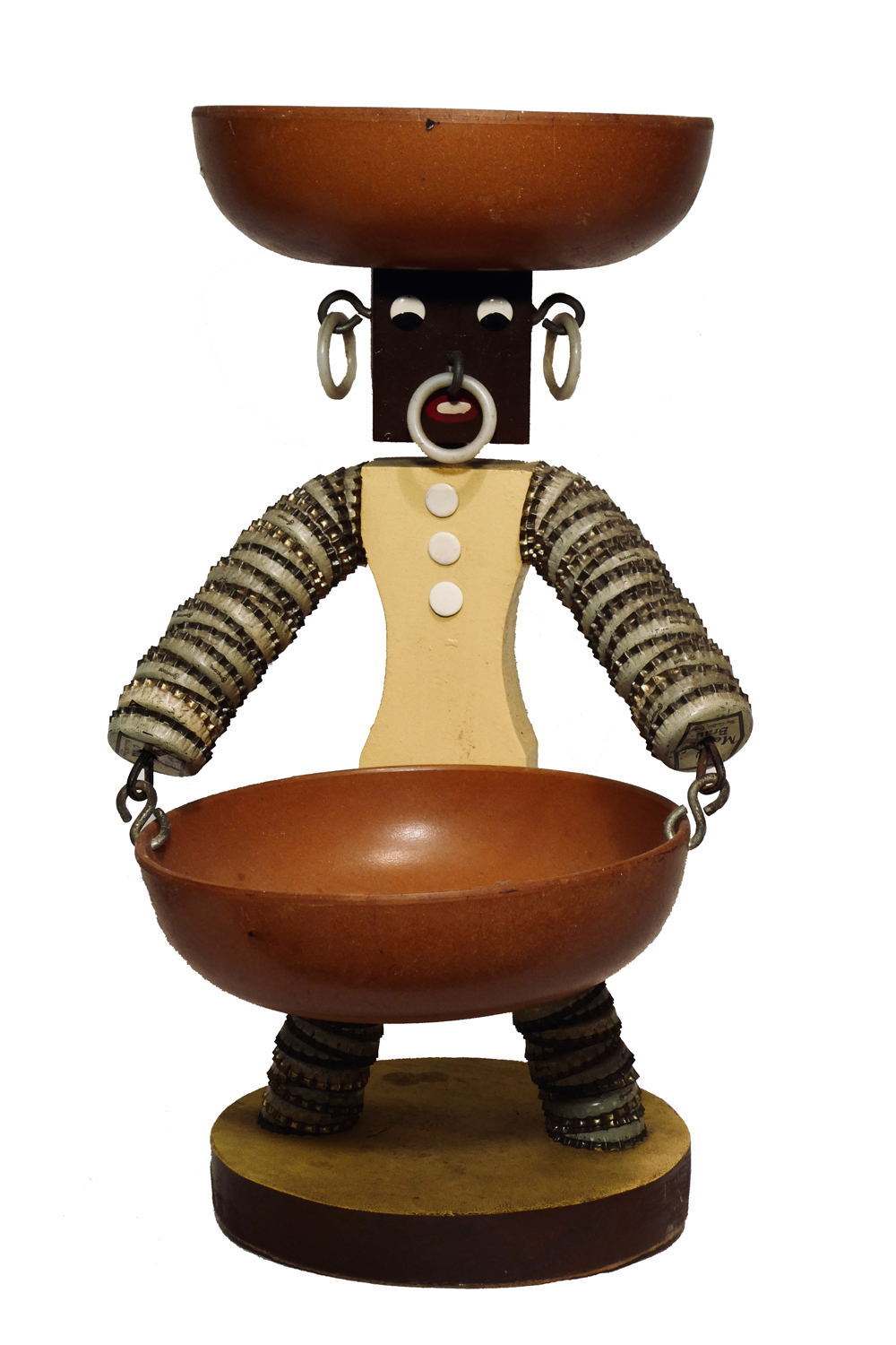 Yellow bottle-cap figure with black face - bottle-cap art and race