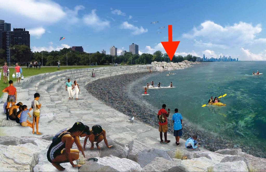 Morgan Shoal plan illustration showing pebble beach and sloped stone revetment