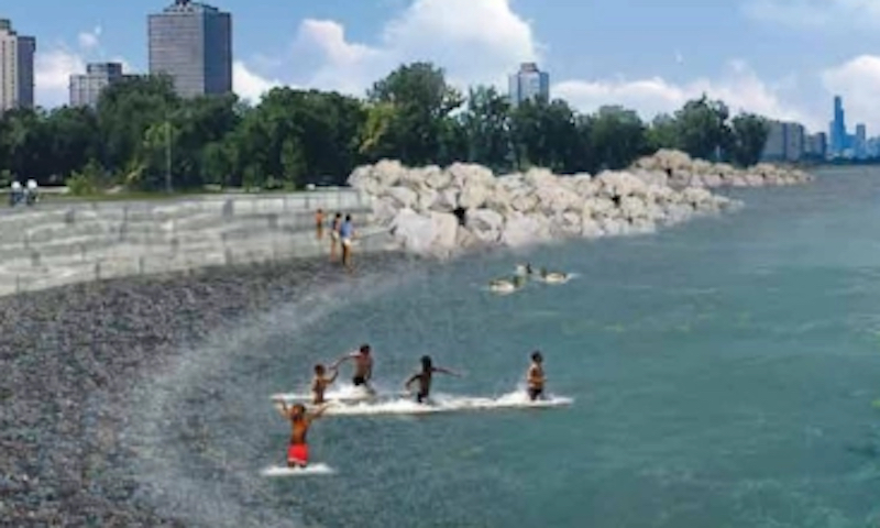 Detail of Morgan Shoal plan illustration showing pebble beach and sloped stone revetment