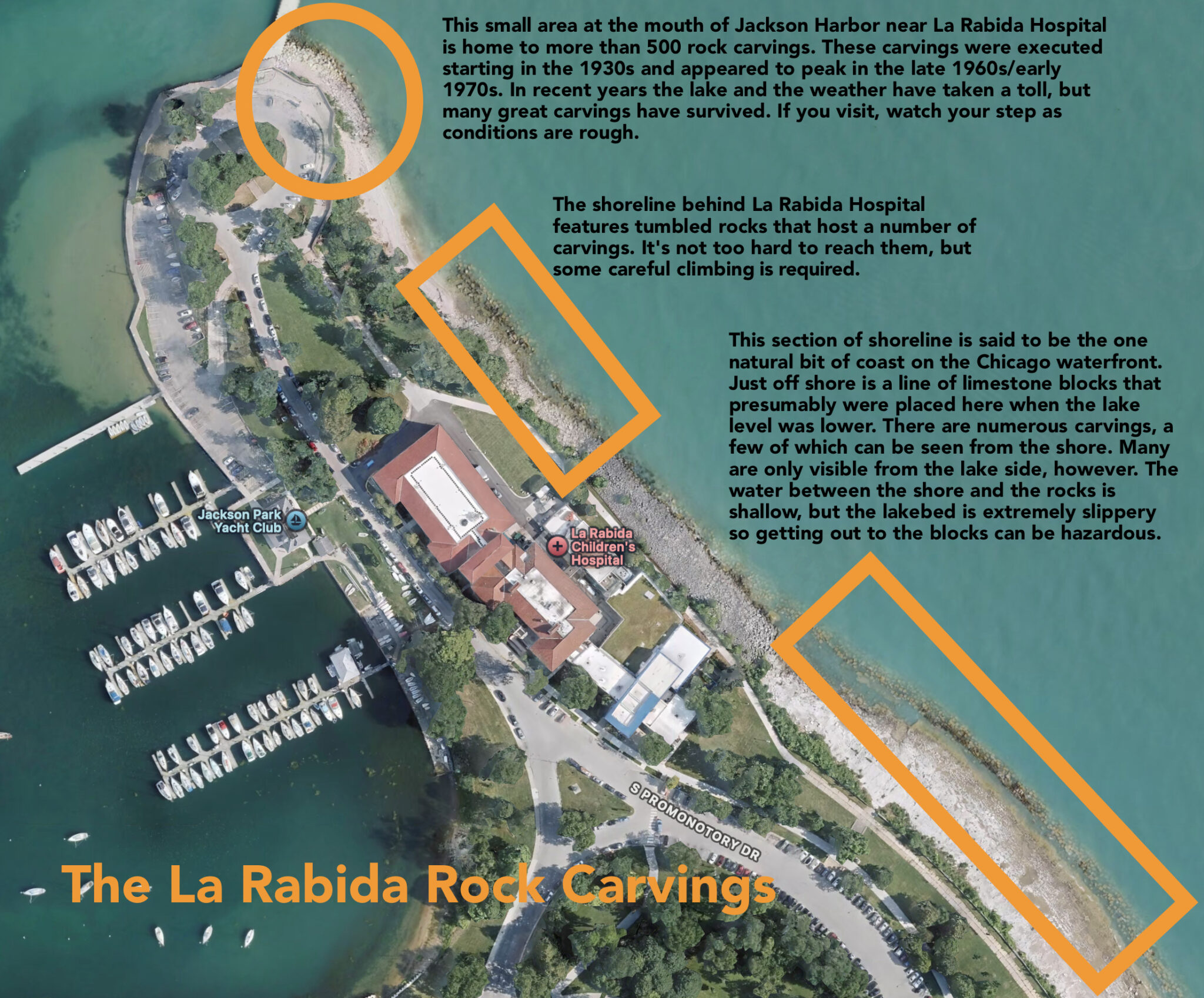 Aerial image showing location of rock carvings near La Rabida Hospital in Chicago